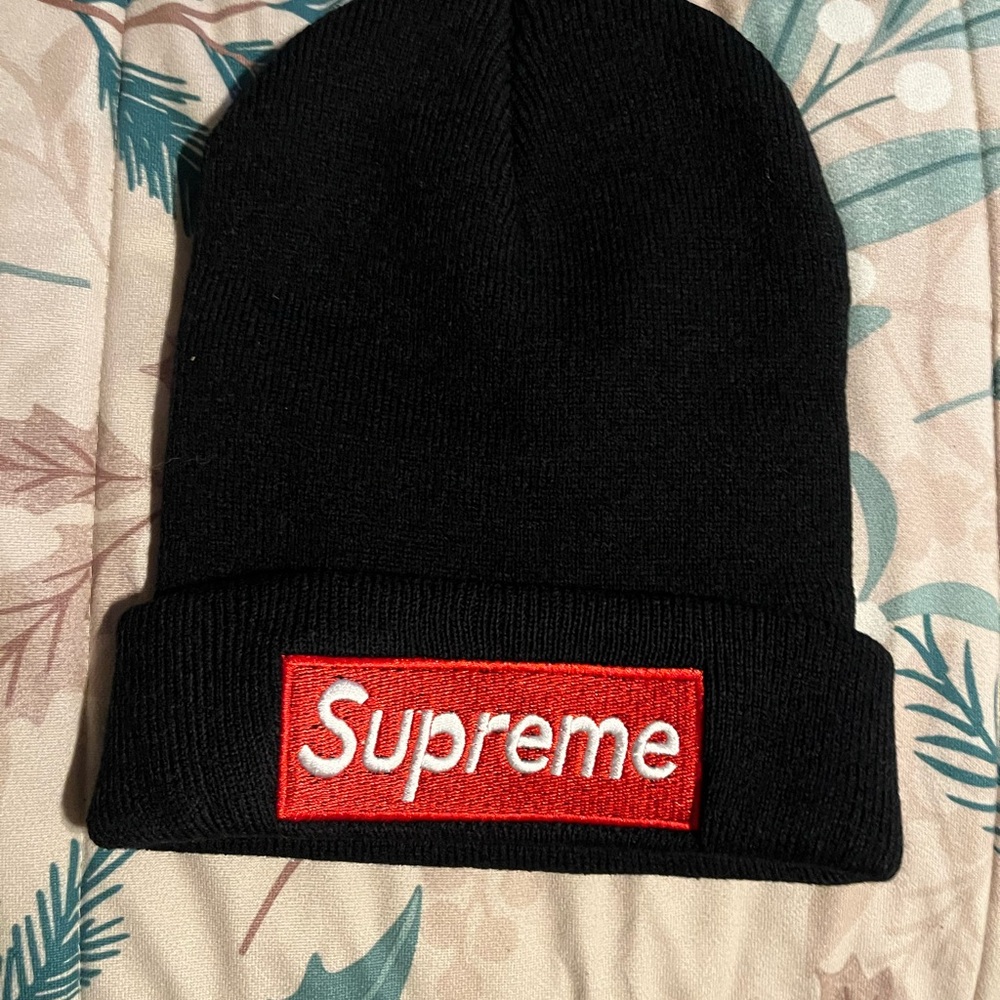 Supreme Black Knit Hat with Red Logo